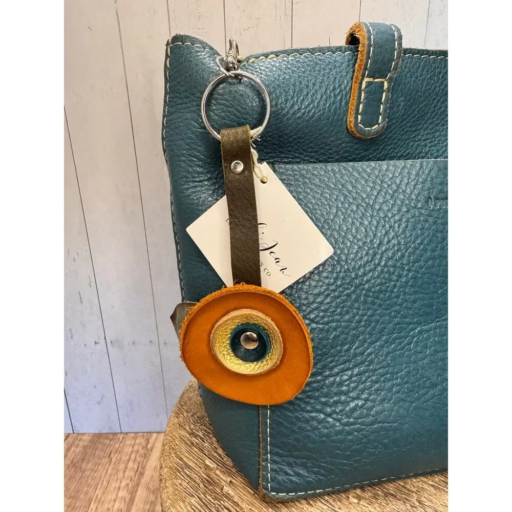 Genuine Leather Round Flower Purse Charm Brown Gold Blue Boho Bag Charm